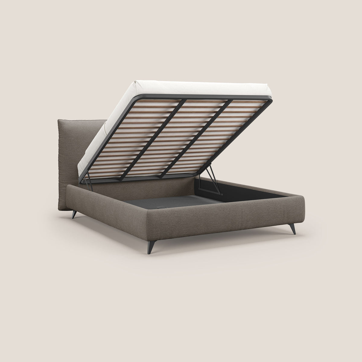 EROS letto imbottito in piuma con vano contenitore in pregiato e fresco bouclet smacchiabile T16 marrone - divitt.sbs