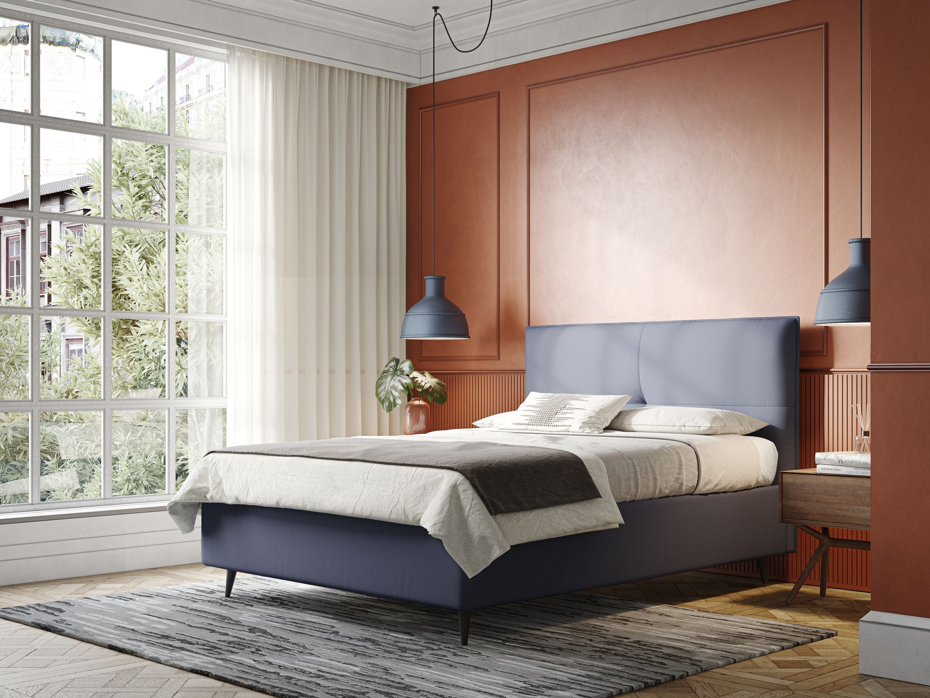 Greta letto contenitore dimensioni SLIM con testata trapuntata in ecopelle impermeabile T04 blu - divitt.sbs