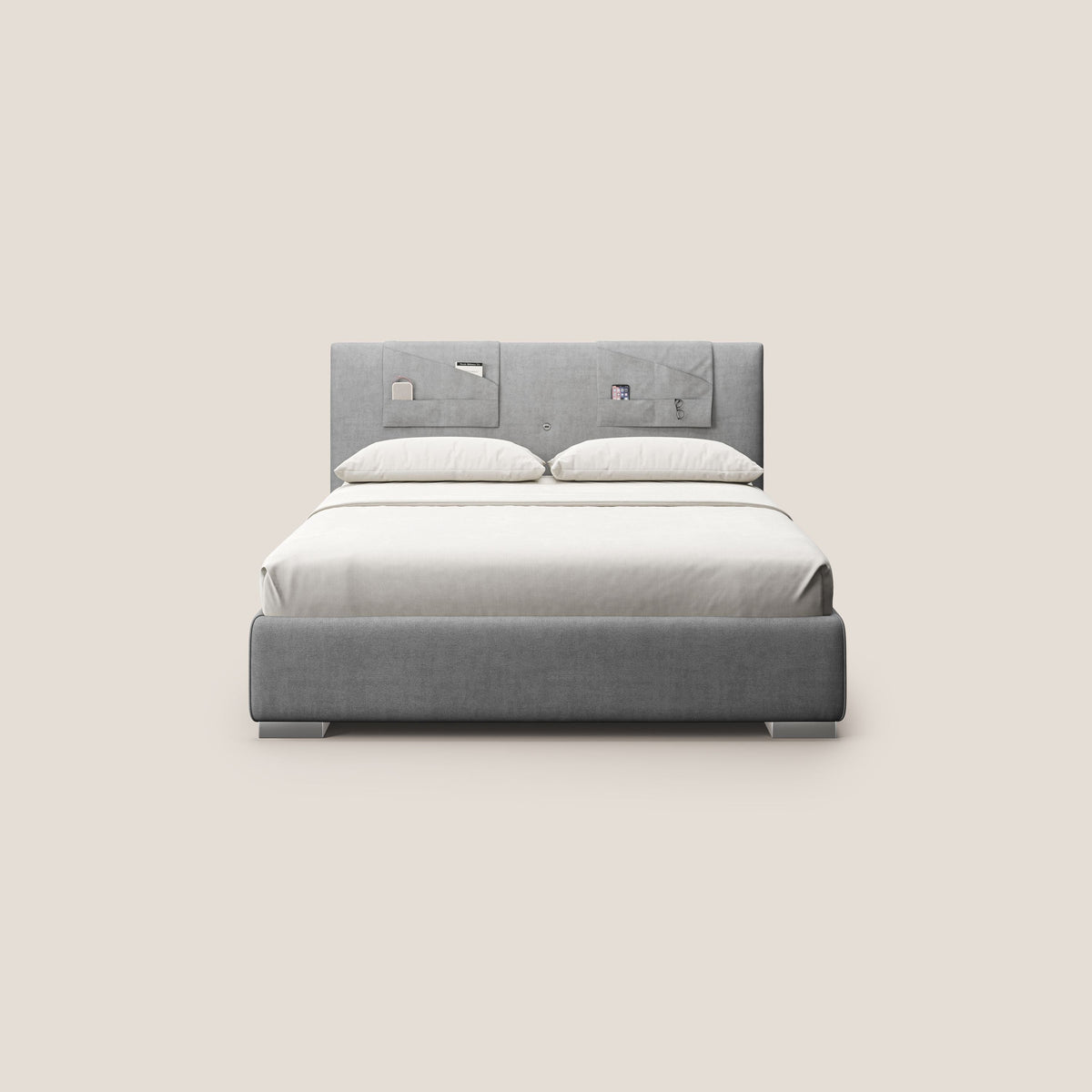 Horus letto imbottito contenitore e presa USB sulla testata in tessuto impermeabile T02 grigio chiaro - divitt.sbs