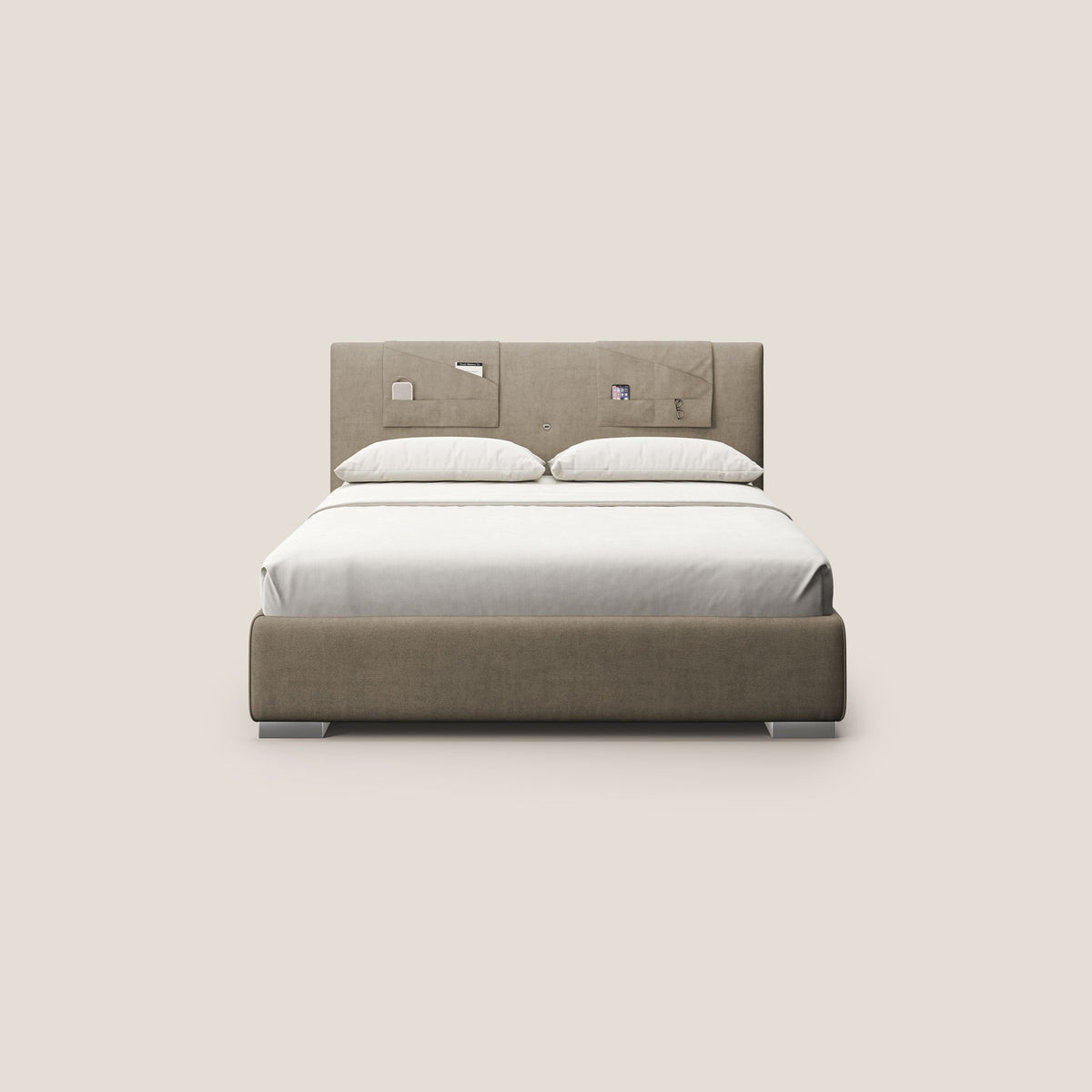 Horus letto imbottito contenitore e presa USB sulla testata in tessuto impermeabile T02 beige - divitt.sbs