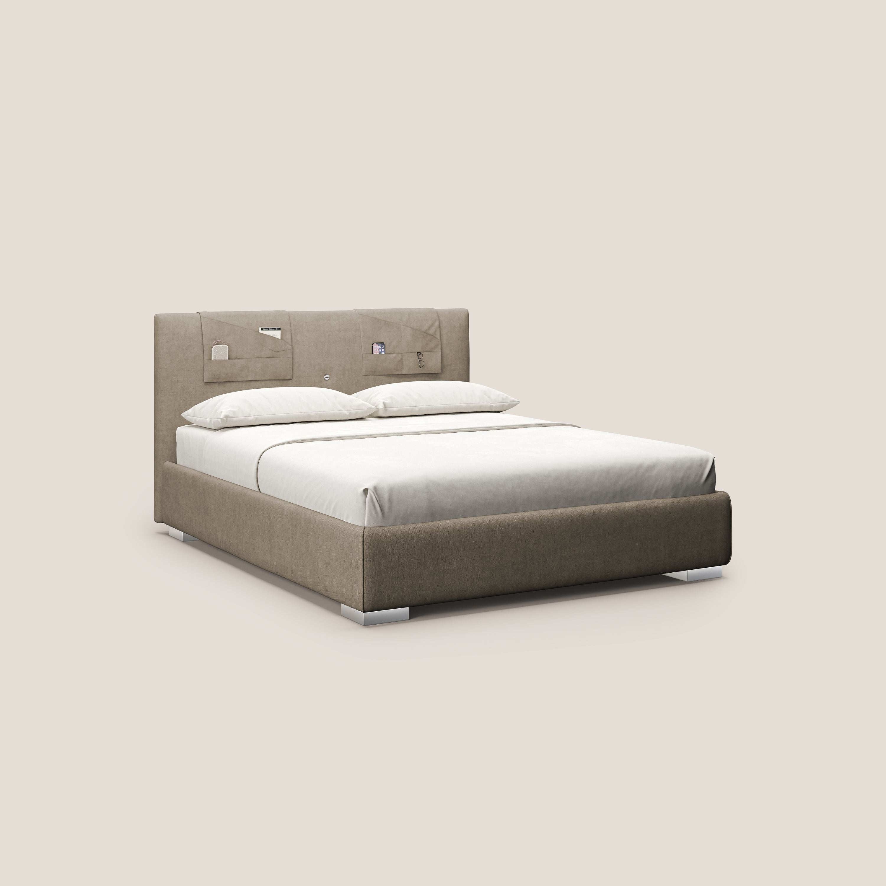 Horus letto imbottito contenitore e presa USB sulla testata in tessuto impermeabile T02 beige - divitt.sbs