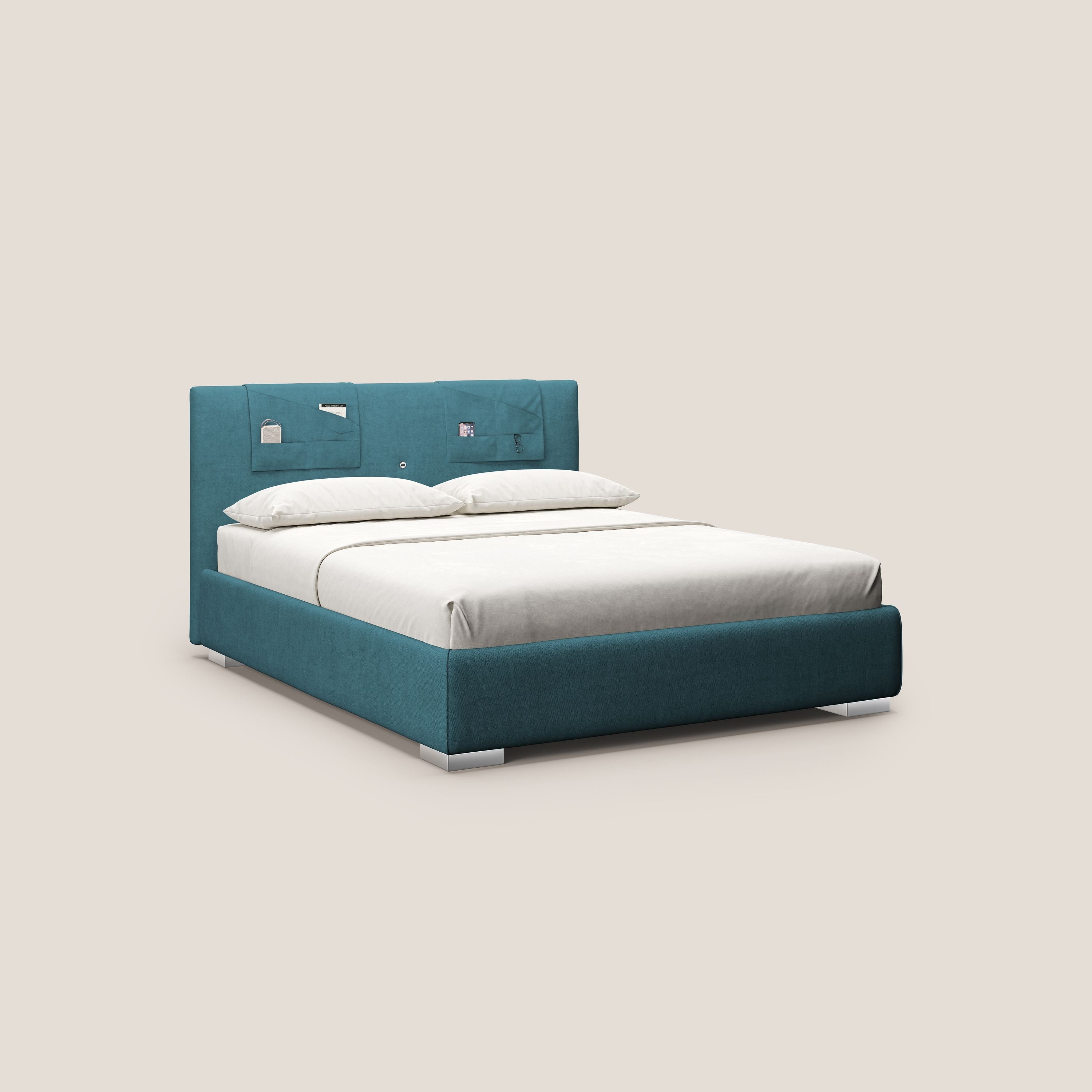 Horus letto imbottito contenitore e presa USB sulla testata in tessuto impermeabile T02 azzurro - divitt.sbs