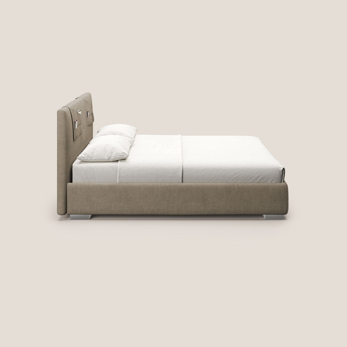 Horus letto imbottito contenitore e presa USB sulla testata in tessuto impermeabile T02 beige - divitt.sbs