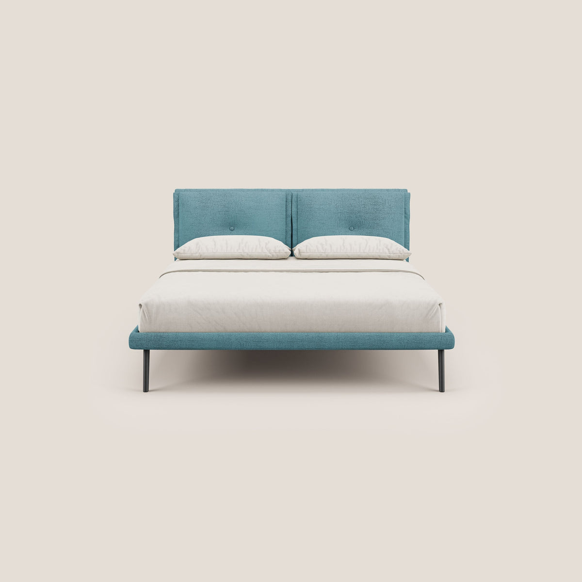 Ibuki letto con cuscini trapuntati regolabili e piedi in mogano in tessuto fiammato impermeabile T03 azzurro - divitt.sbs