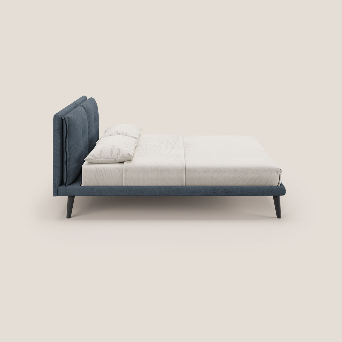 Ibuki letto con cuscini trapuntati regolabili e piedi in mogano in tessuto fiammato impermeabile T03 blu - divitt.sbs