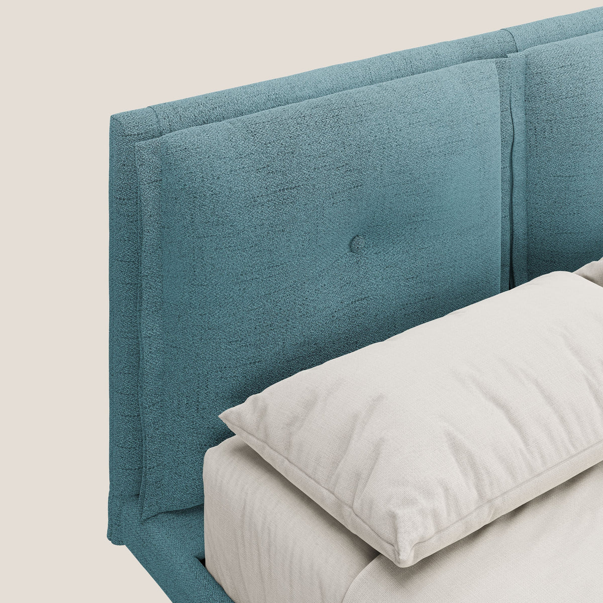 Ibuki letto con cuscini trapuntati regolabili e piedi in mogano in tessuto fiammato impermeabile T03 azzurro - divitt.sbs