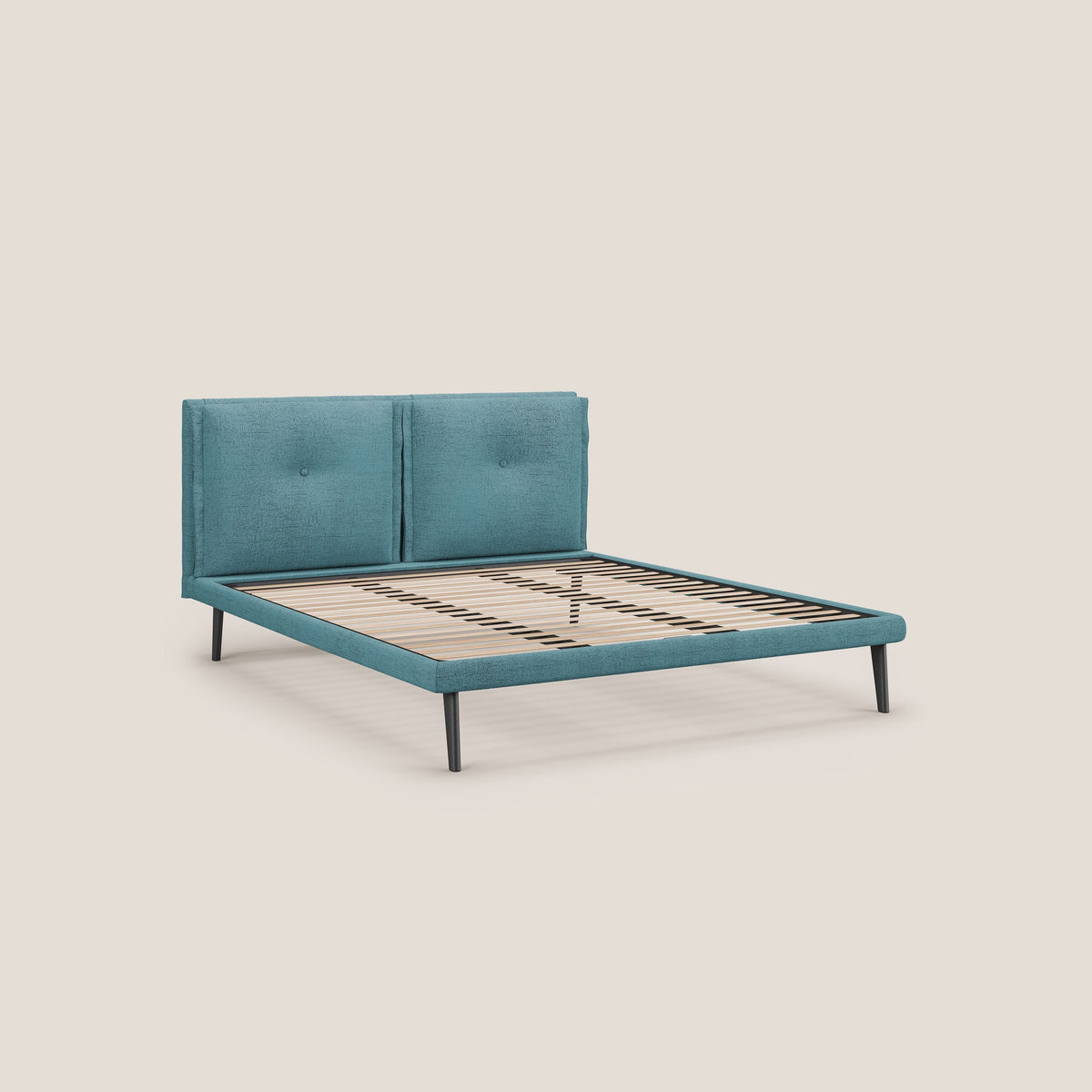Ibuki letto con cuscini trapuntati regolabili e piedi in mogano in tessuto fiammato impermeabile T03 azzurro - divitt.sbs
