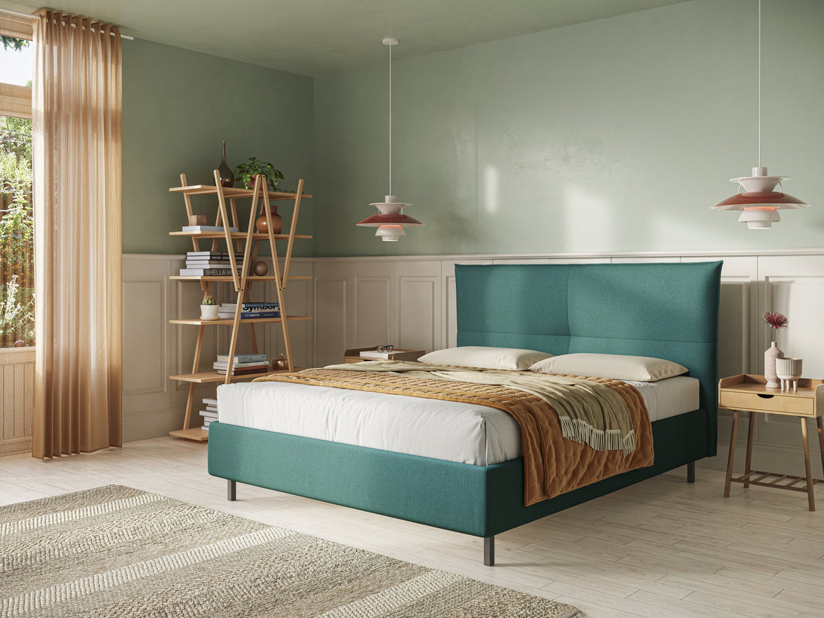 Izumi letto imbottito contenitore con piedi alti in tessuto smacchiabile T05 verde - divitt.sbs