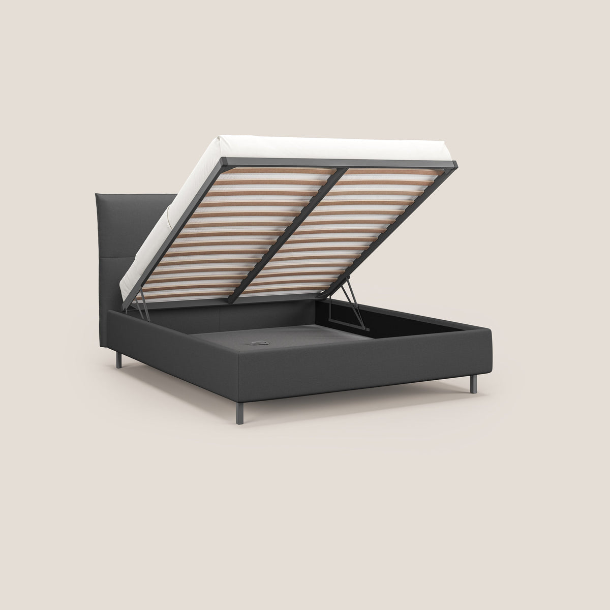 Izumi letto imbottito contenitore con piedi alti in tessuto smacchiabile T05 antracite - divitt.sbs