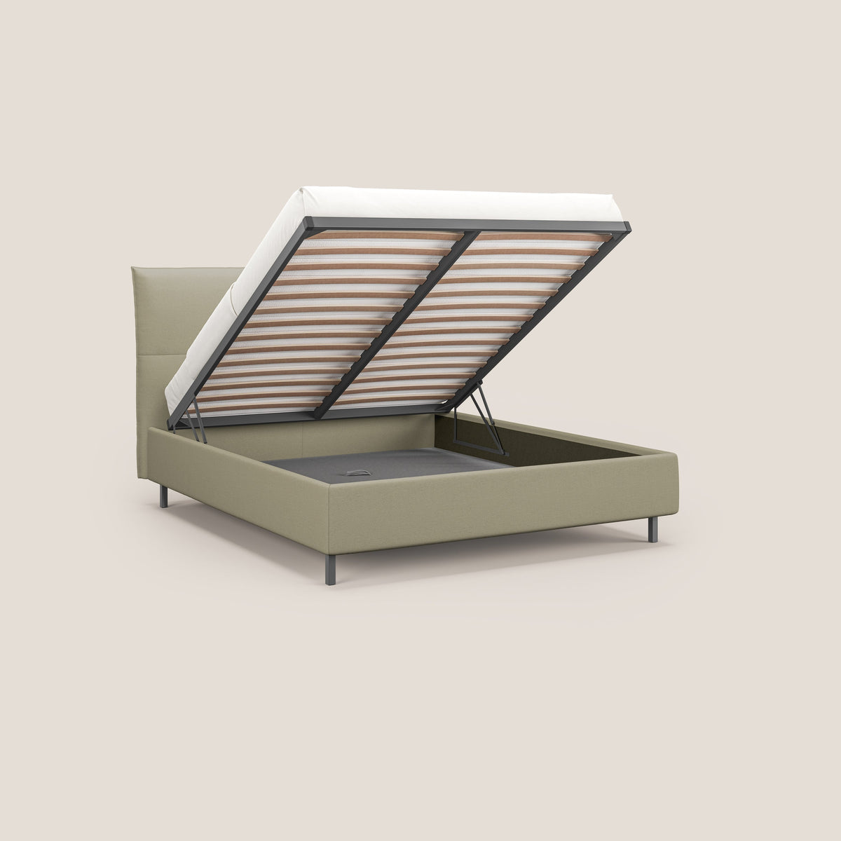 Izumi letto imbottito contenitore con piedi alti in tessuto smacchiabile T05 panna - divitt.sbs