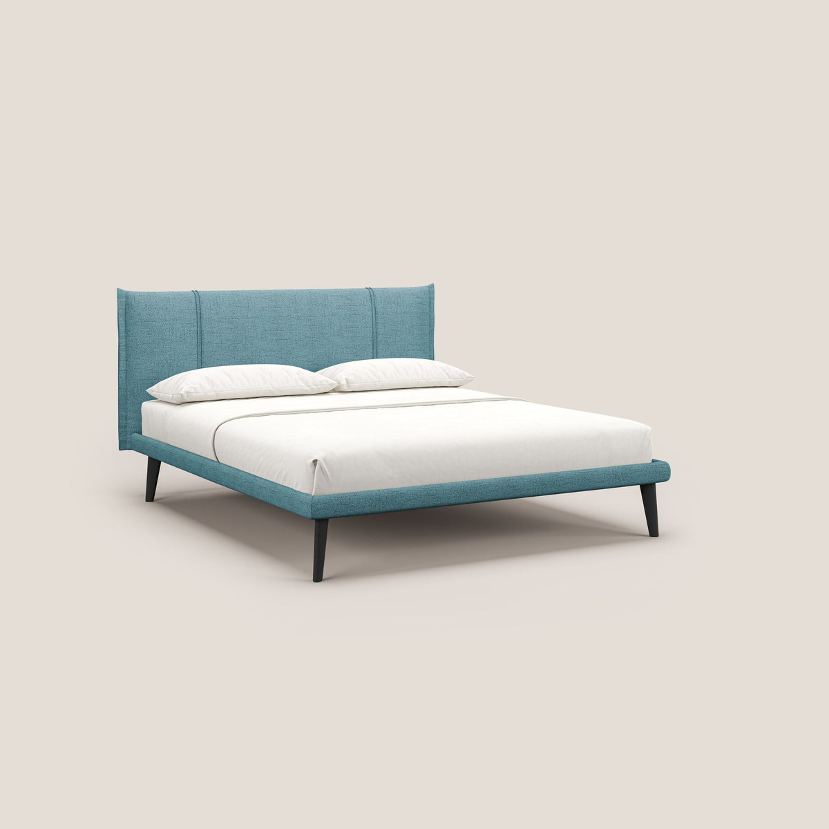 Klaus LETTO moderno con piedi in mogano e tessuto fiammato impermeabile T03 azzurro - divitt.sbs