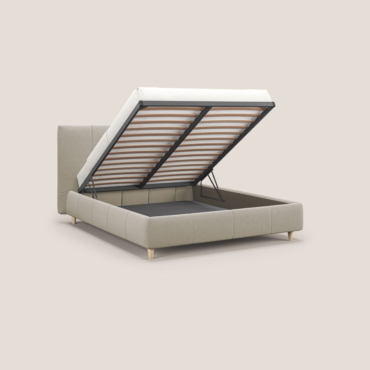 Laura letto imbottito contenitore e sfoderabile in microfibra velluto impermeabile T09 beige - divitt.sbs