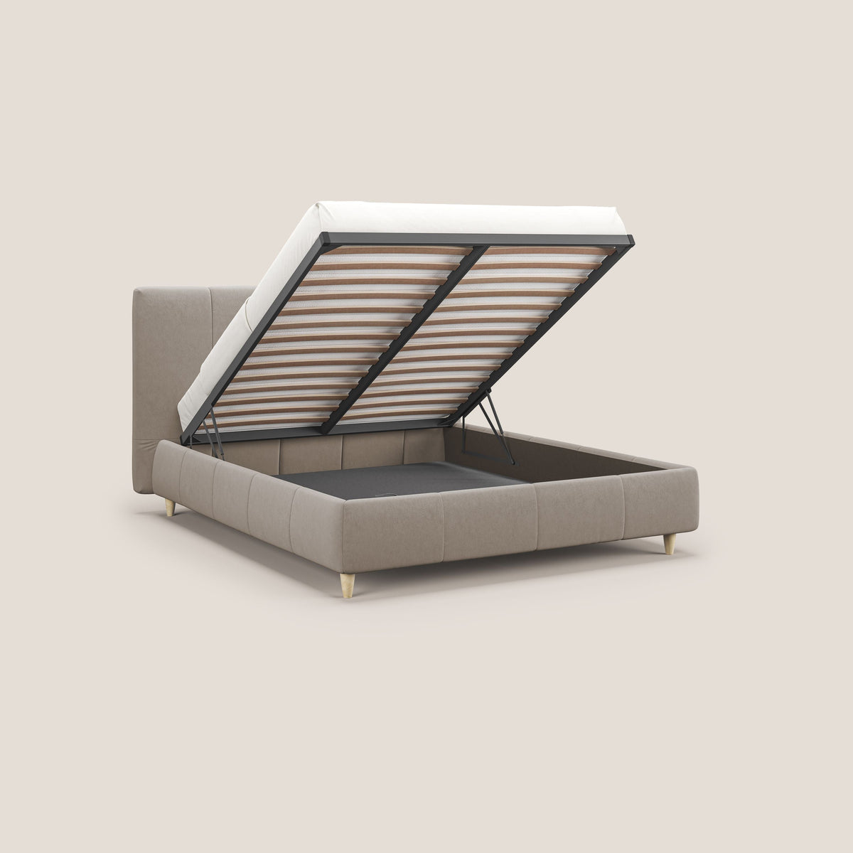Laura letto imbottito contenitore e sfoderabile in microfibra velluto impermeabile T09 tortora - divitt.sbs