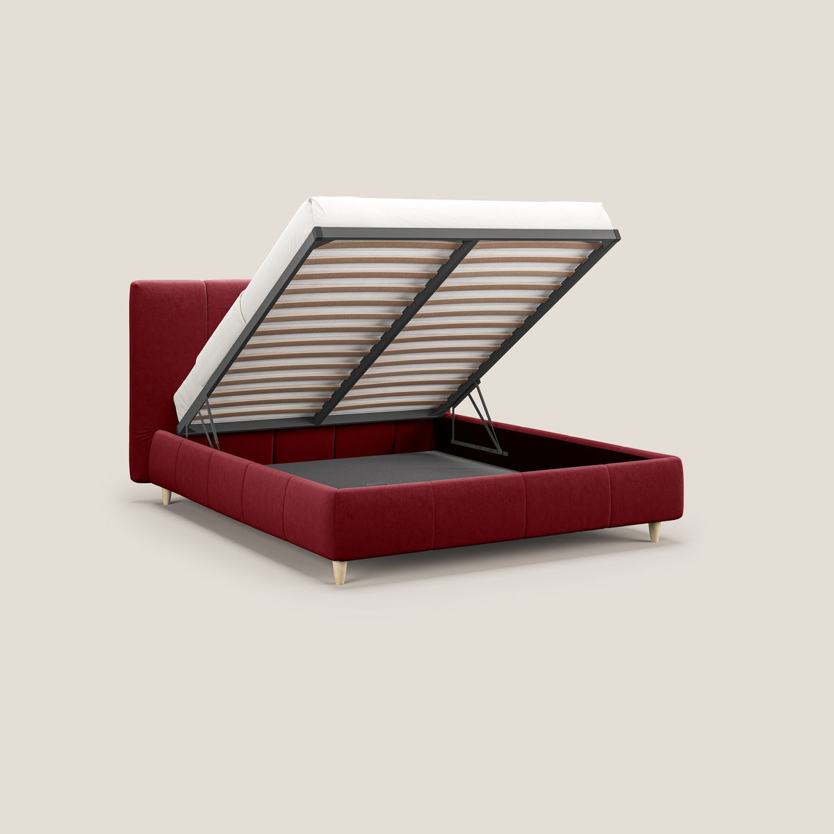 Laura letto imbottito contenitore e sfoderabile in microfibra velluto impermeabile T09 rosso - divitt.sbs