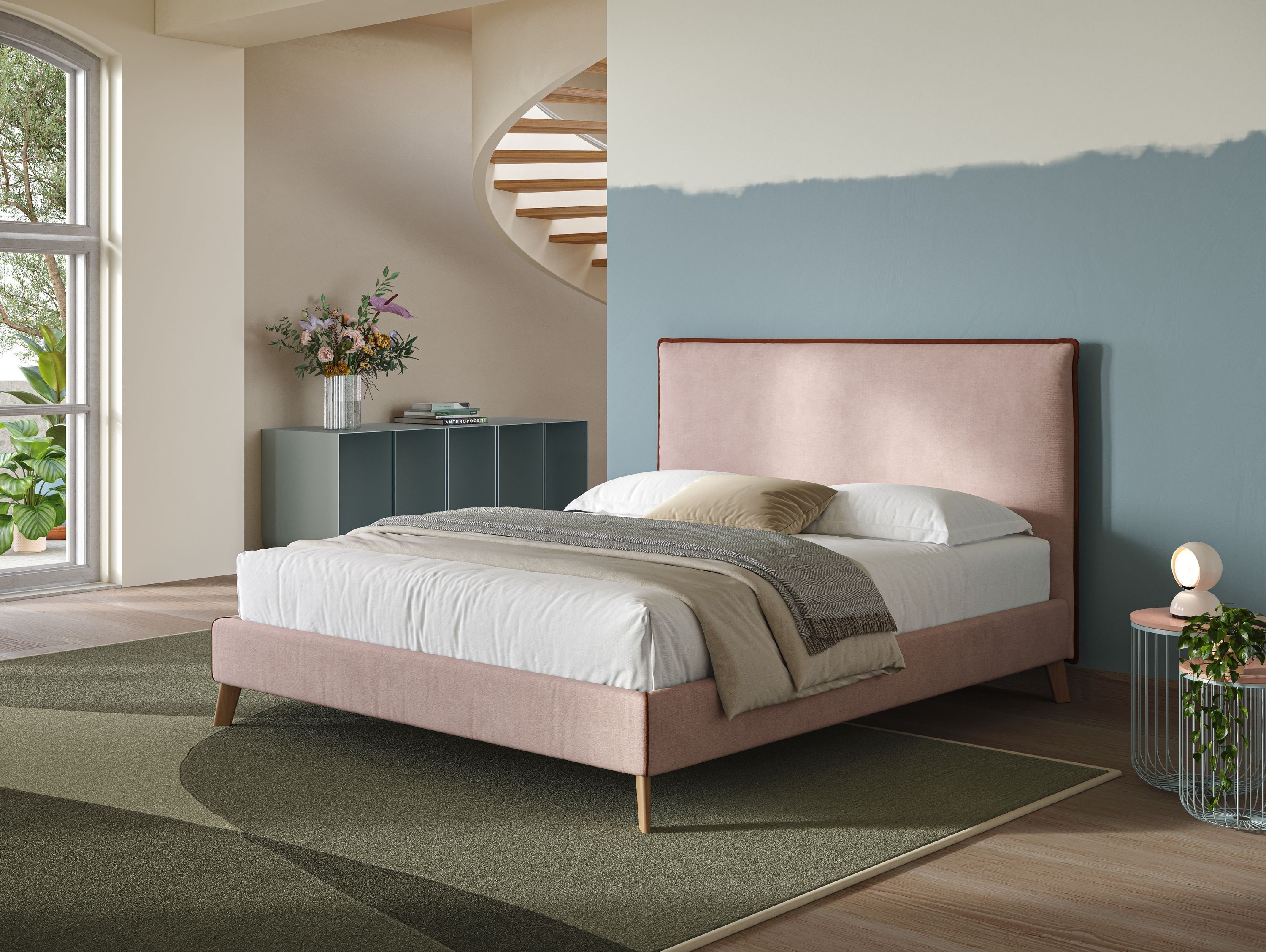 Leila letto imbottito con piedini legno in tessuto smacchiabile T17 rosa - rosso - divitt.sbs