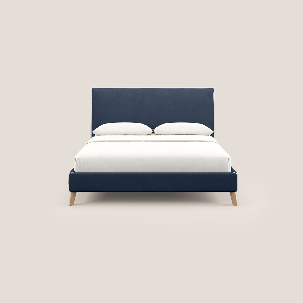 Leila letto imbottito con piedini legno in tessuto smacchiabile T17 blu - bianco - divitt.sbs