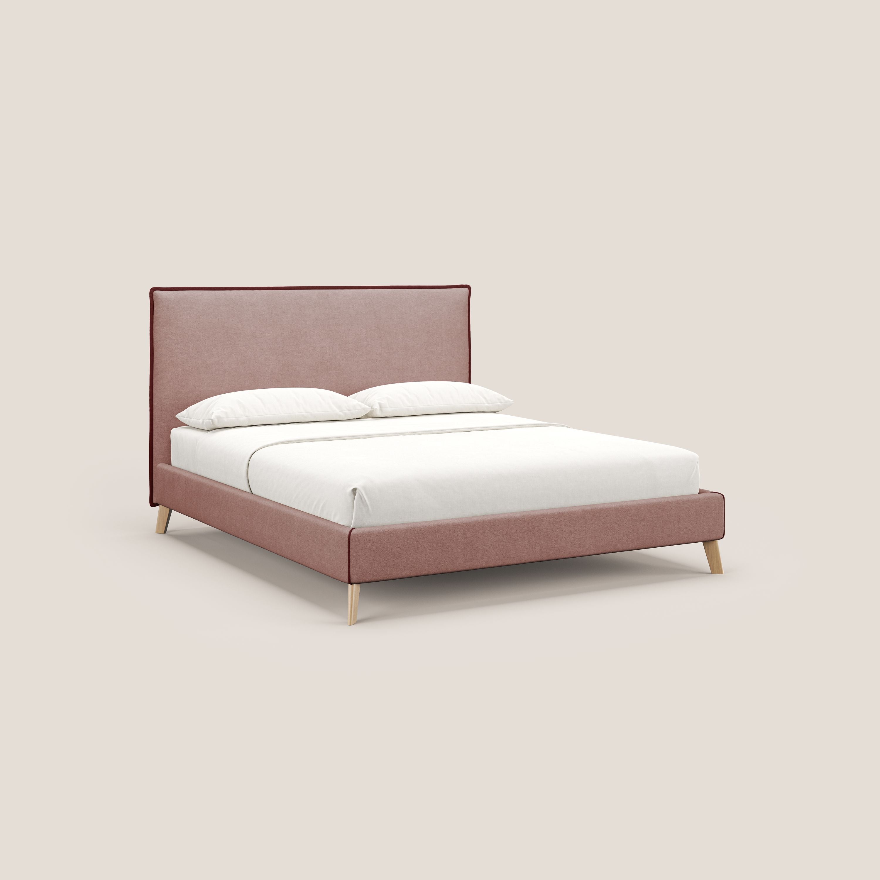Leila letto imbottito con piedini legno in tessuto smacchiabile T17 rosa - rosso - divitt.sbs
