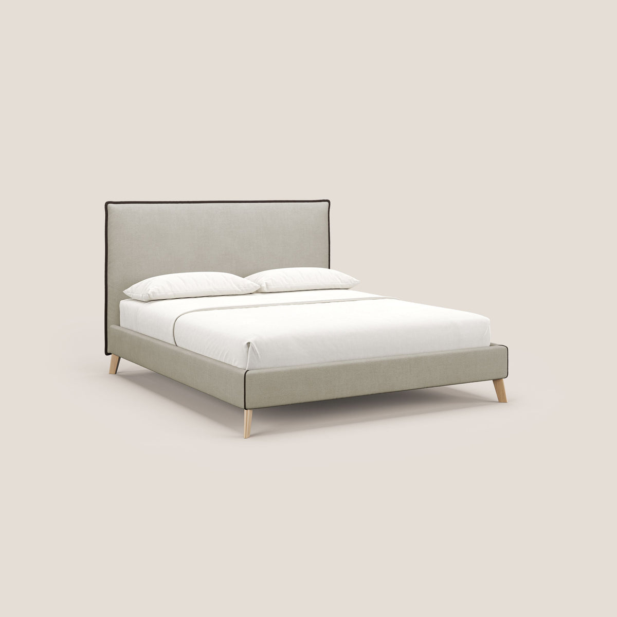 Leila letto imbottito con piedini legno in tessuto smacchiabile T17 panna - marrone - divitt.sbs