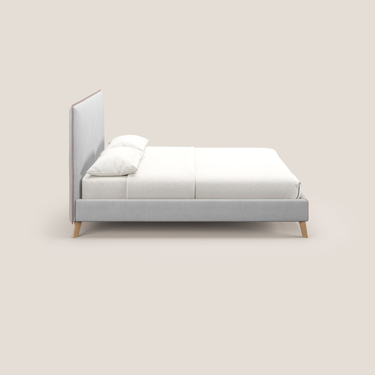 Leila letto imbottito con piedini legno in tessuto smacchiabile T17 grigio - rosa - divitt.sbs