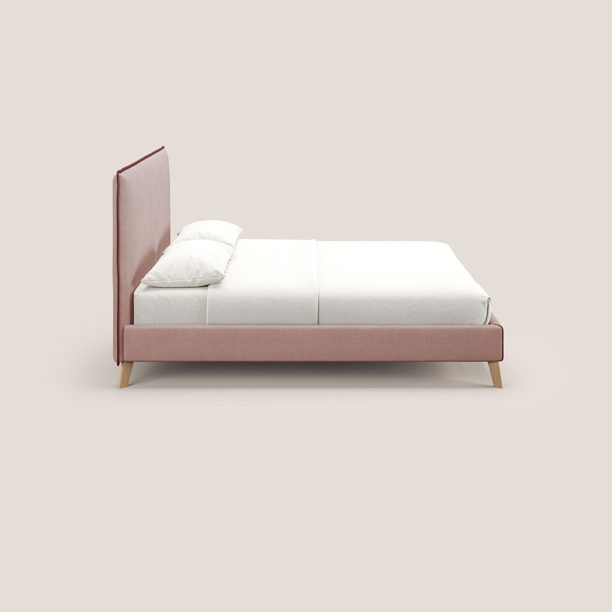 Leila letto imbottito con piedini legno in tessuto smacchiabile T17 rosa - rosso - divitt.sbs