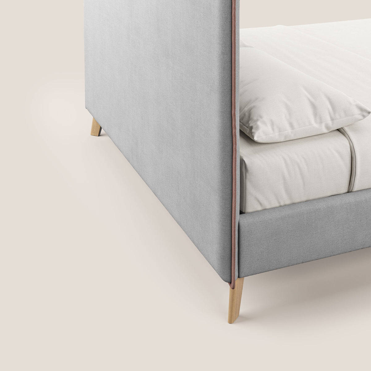 Leila letto imbottito con piedini legno in tessuto smacchiabile T17 grigio - rosa - divitt.sbs