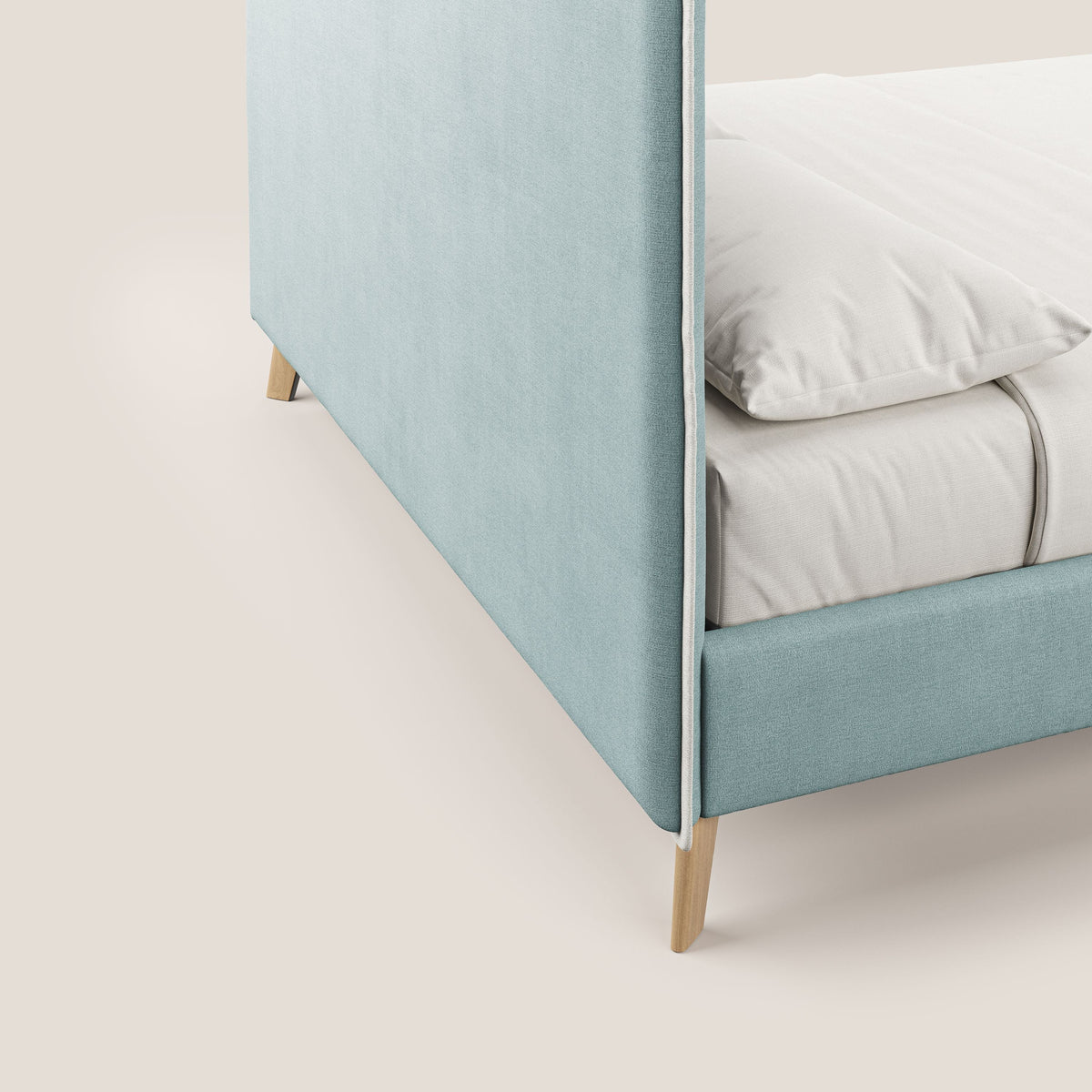 Leila letto imbottito con piedini legno in tessuto smacchiabile T17 verde acqua - bianco - divitt.sbs