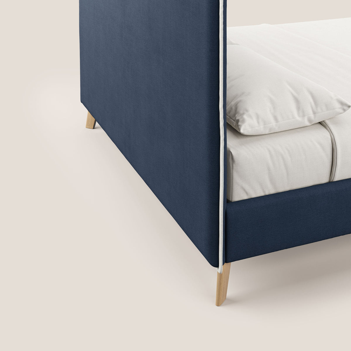 Leila letto imbottito con piedini legno in tessuto smacchiabile T17 blu - bianco - divitt.sbs