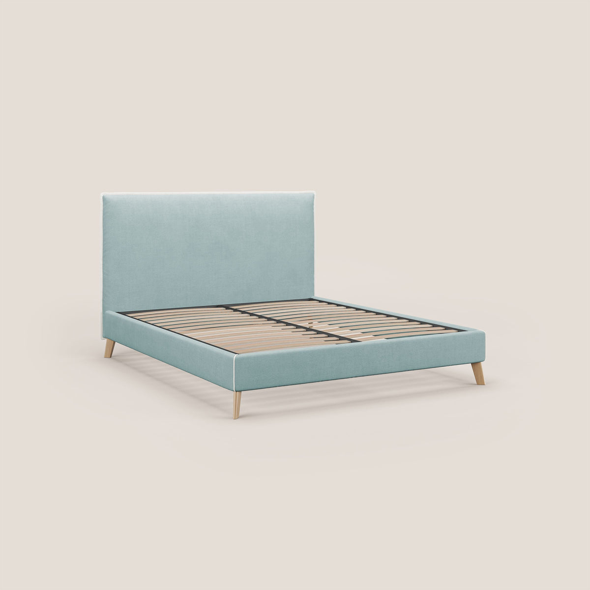 Leila letto imbottito con piedini legno in tessuto smacchiabile T17 verde acqua - bianco - divitt.sbs