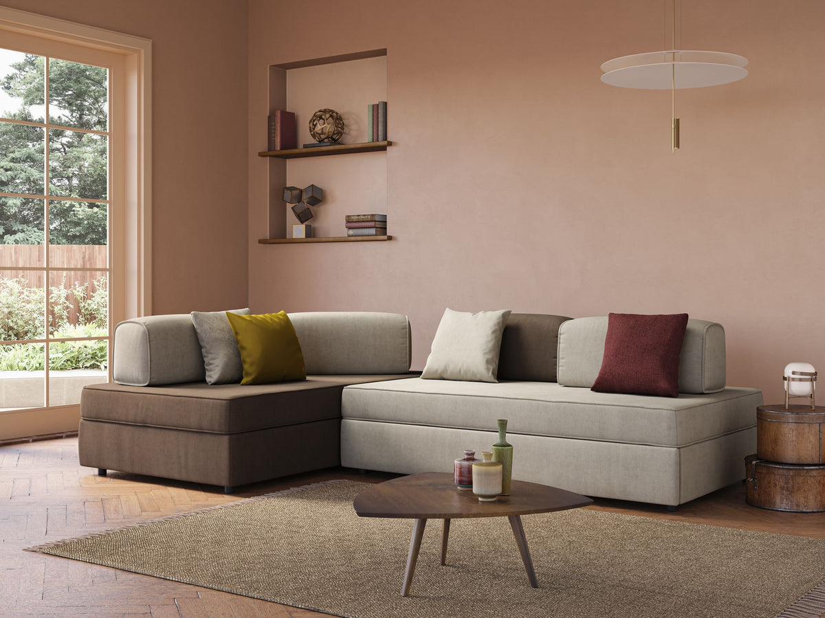 Liberty divano angolare con pouf estraibile e schienali movibili in tessuto morbido impermeabile T02 giallo - divitt.sbs