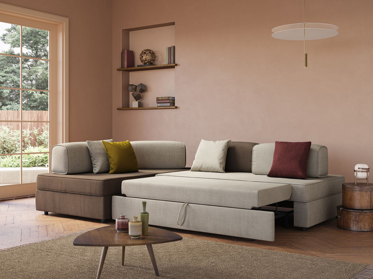 Liberty divano angolare con pouf estraibile e schienali movibili in tessuto morbido impermeabile T02 grigio - divitt.sbs