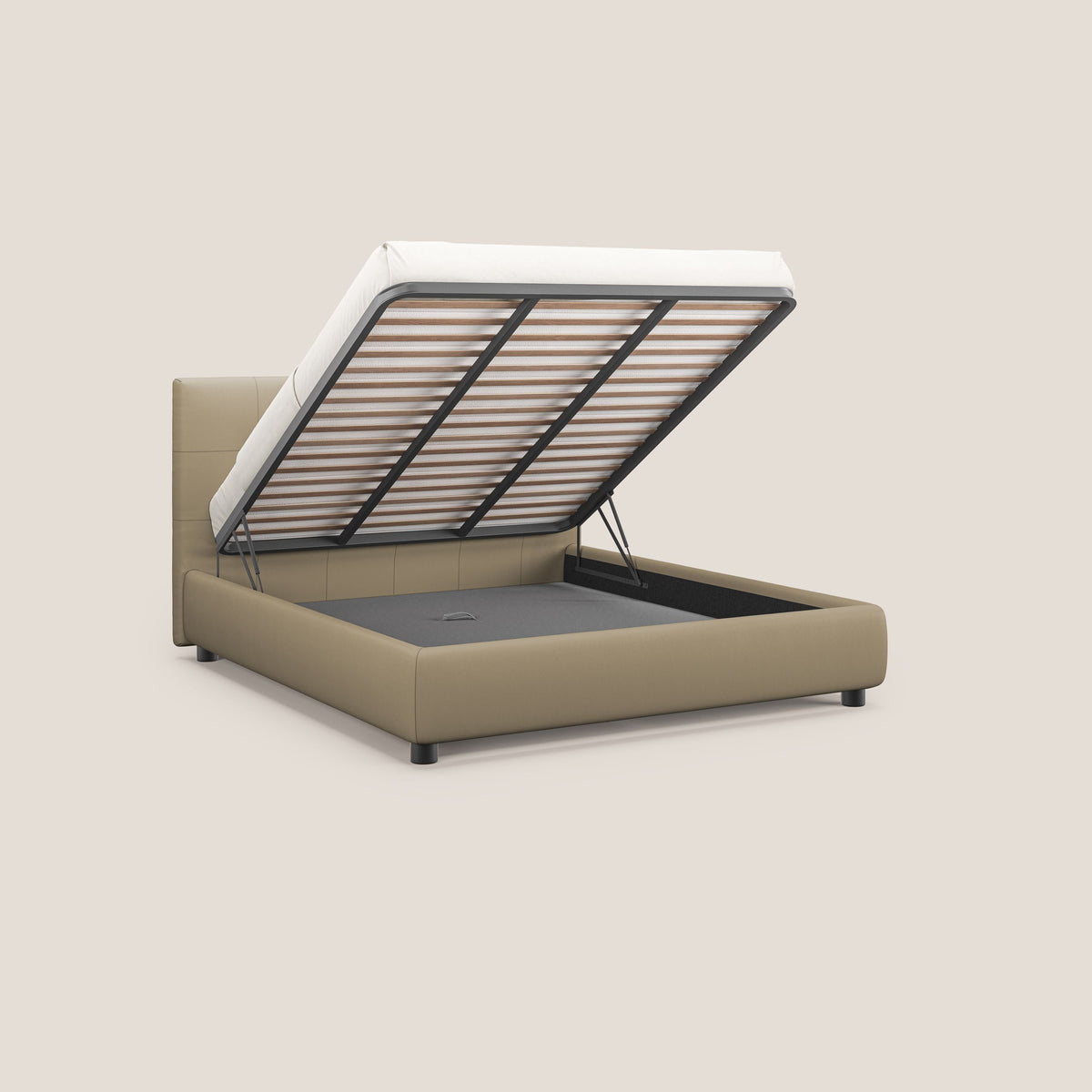 Minato letto imbottito contenitore con testata trapuntata in ecopelle impermeabile T04 beige - divitt.sbs