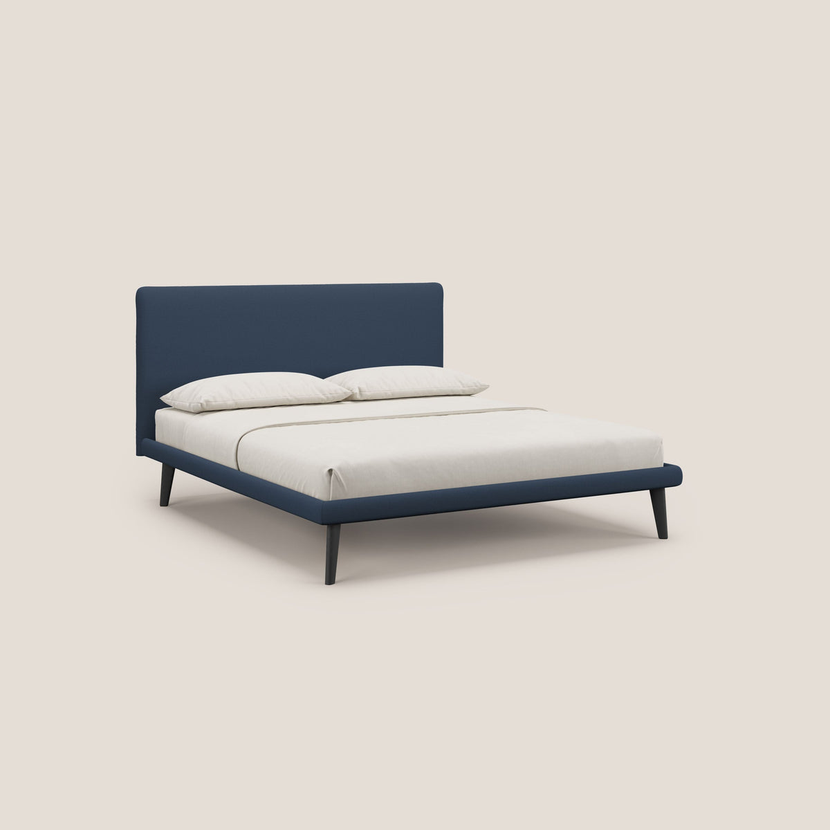 Noel letto minimal scandinavo con piedi in mogano e tessuto fiammato impermeabile T19 blu - divitt.sbs
