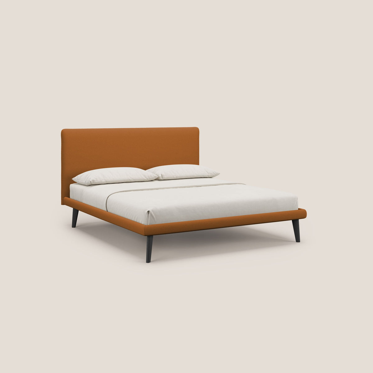 Noel letto minimal scandinavo con piedi in mogano e tessuto fiammato impermeabile T19 arancio - divitt.sbs
