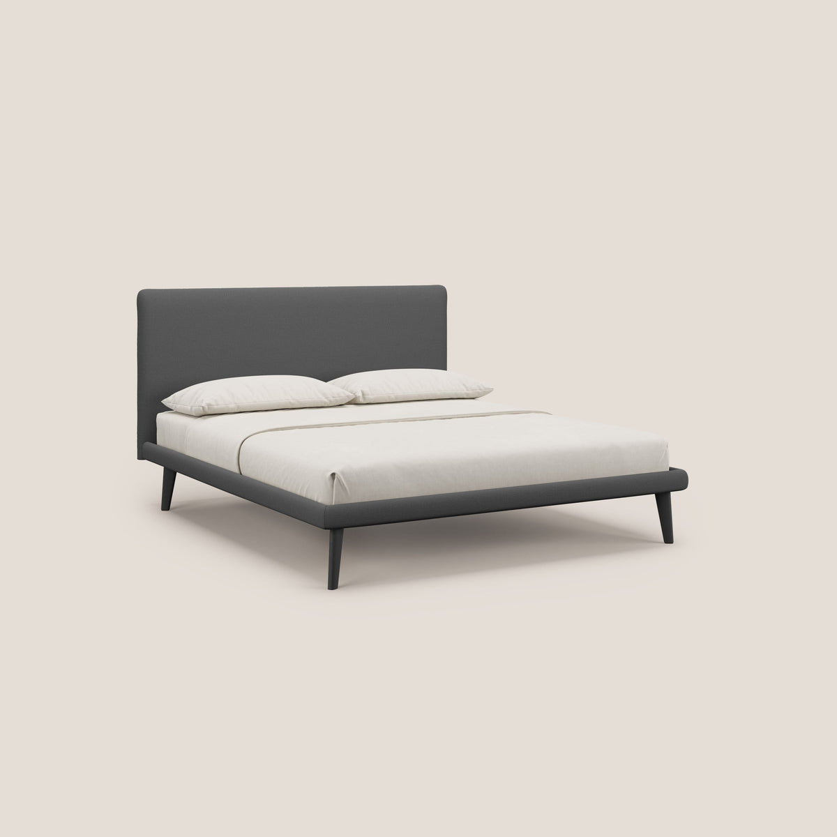 Noel letto minimal scandinavo con piedi in mogano e tessuto fiammato impermeabile T19 antracite - divitt.sbs
