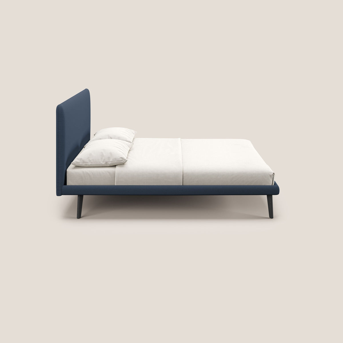 Noel letto minimal scandinavo con piedi in mogano e tessuto fiammato impermeabile T19 blu - divitt.sbs