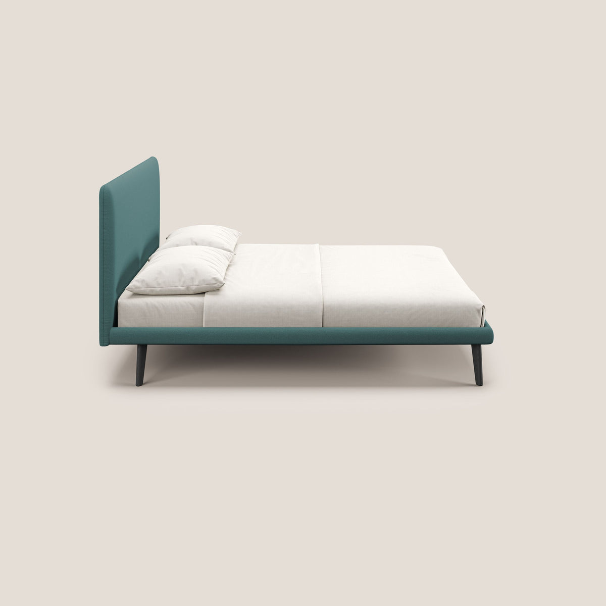 Noel letto minimal scandinavo con piedi in mogano e tessuto fiammato impermeabile T19 petrolio - divitt.sbs