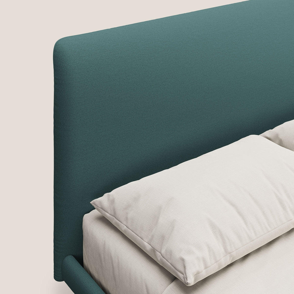 Noel letto minimal scandinavo con piedi in mogano e tessuto fiammato impermeabile T19 petrolio - divitt.sbs