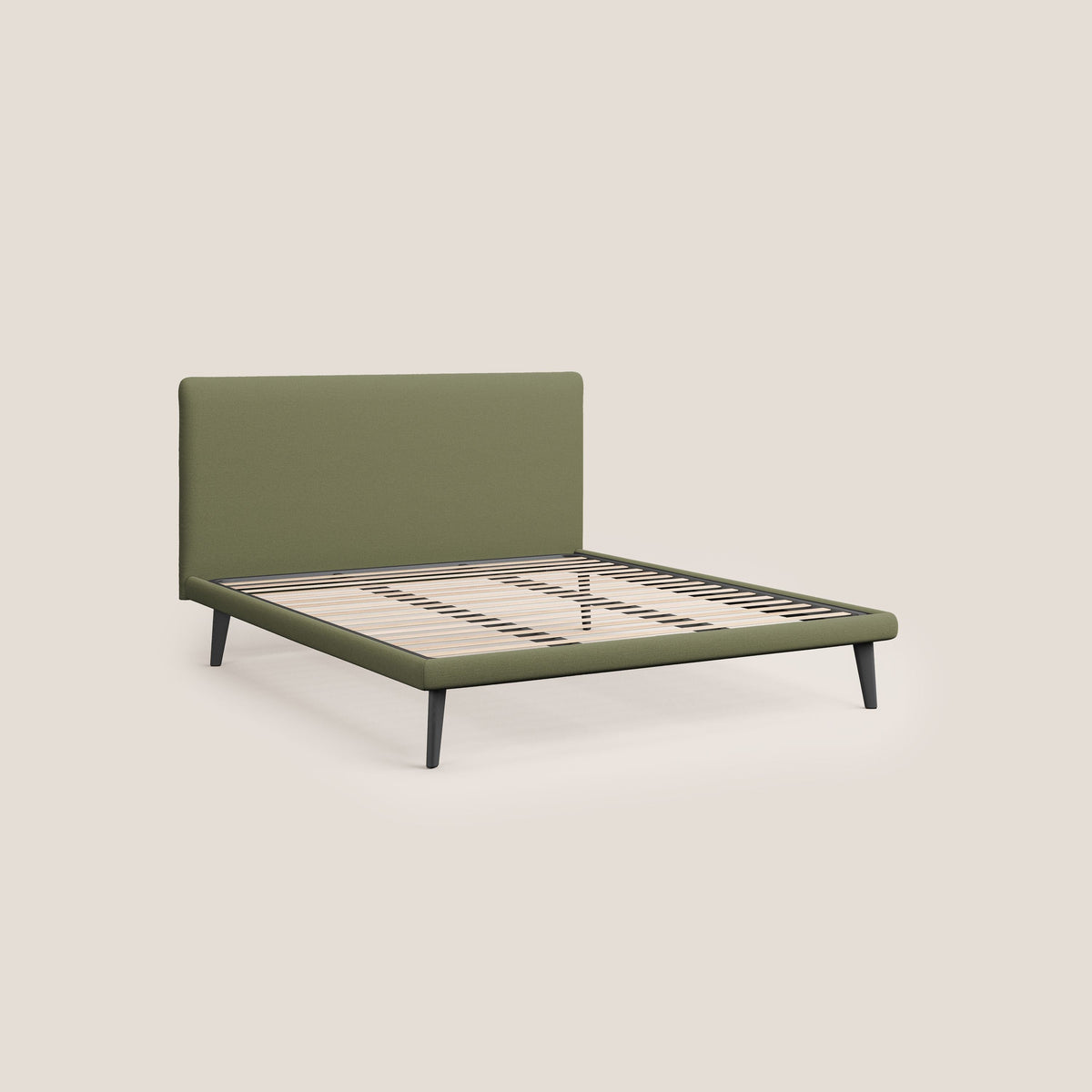 Noel letto minimal scandinavo con piedi in mogano e tessuto fiammato impermeabile T19 verde - divitt.sbs