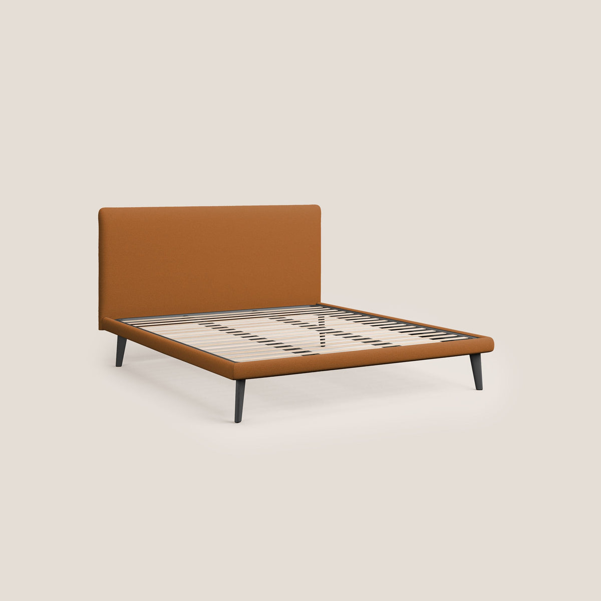 Noel letto minimal scandinavo con piedi in mogano e tessuto fiammato impermeabile T19 arancio - divitt.sbs