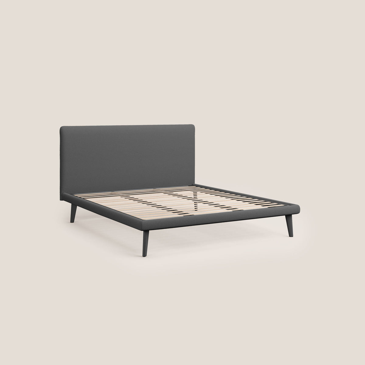 Noel letto minimal scandinavo con piedi in mogano e tessuto fiammato impermeabile T19 antracite - divitt.sbs