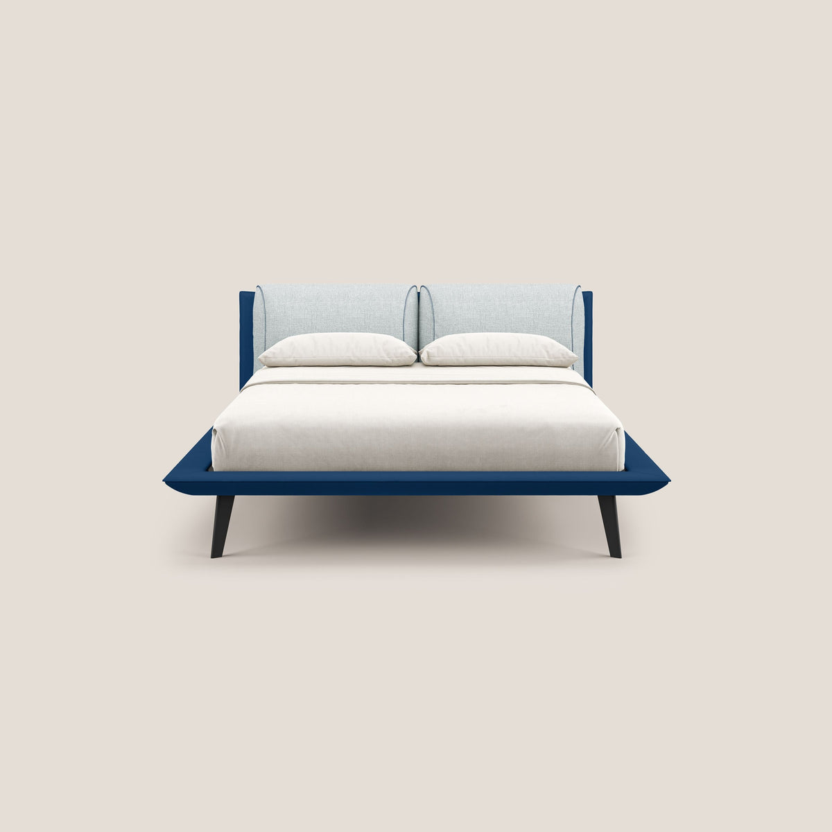 Petra letto di design bicolore con cuscini in piuma, piedini in mogano e tessuto impermeabile bicolore T11 e T06 blu - ghiaccio - divitt.sbs