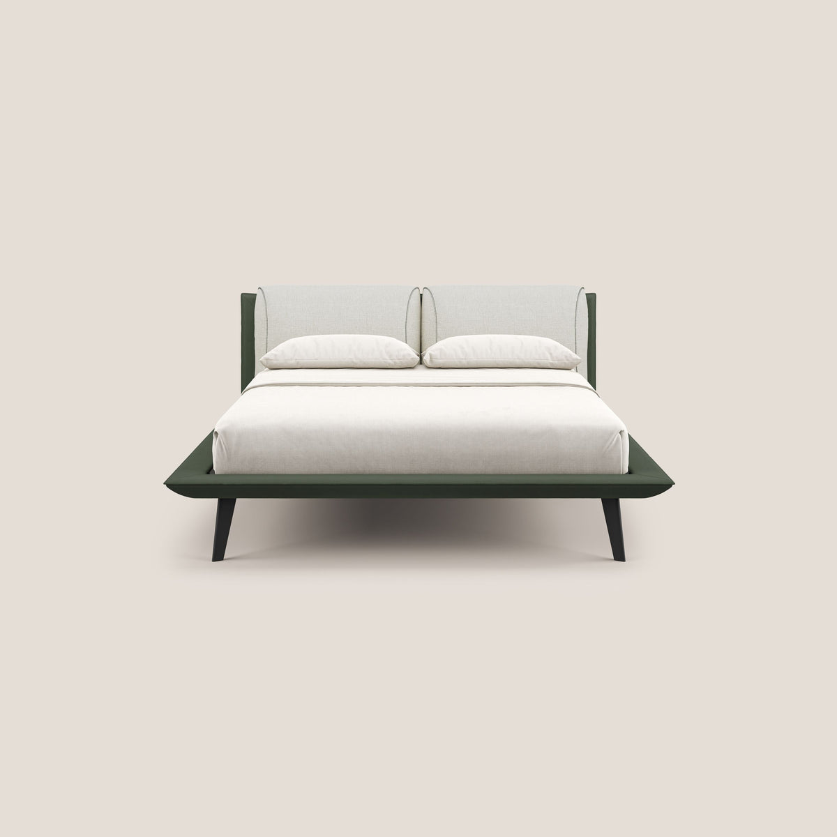 Petra letto di design bicolore con cuscini in piuma, piedini in mogano e tessuto impermeabile bicolore T11 e T06 verde - panna - divitt.sbs