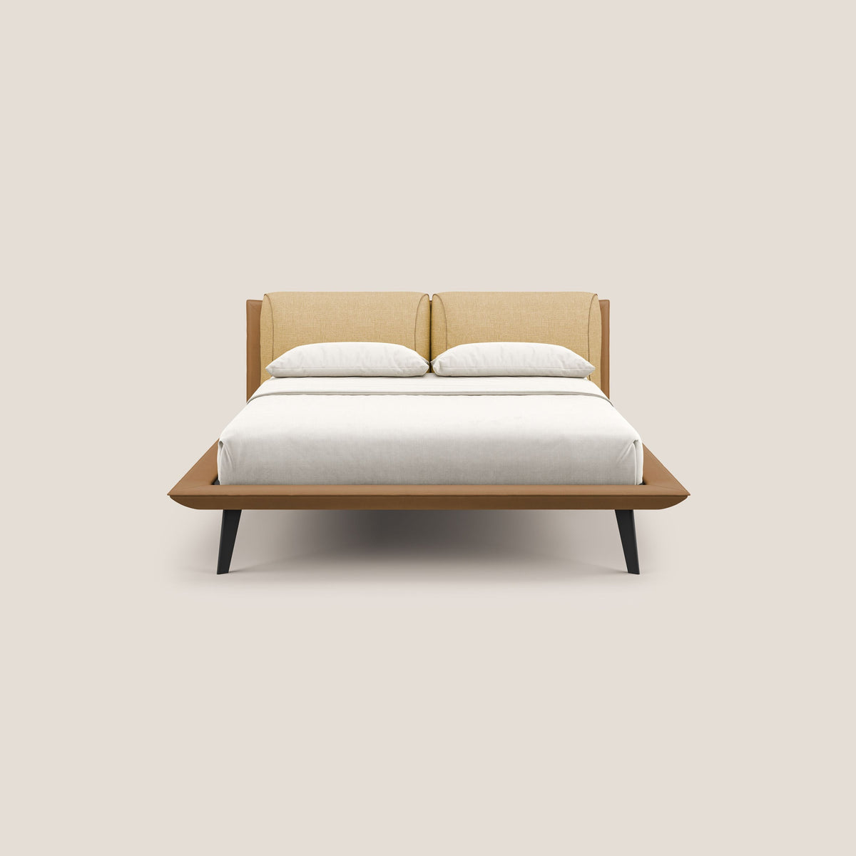 Petra letto di design bicolore con cuscini in piuma, piedini in mogano e tessuto impermeabile bicolore T11 e T06 cuoio - giallo - divitt.sbs