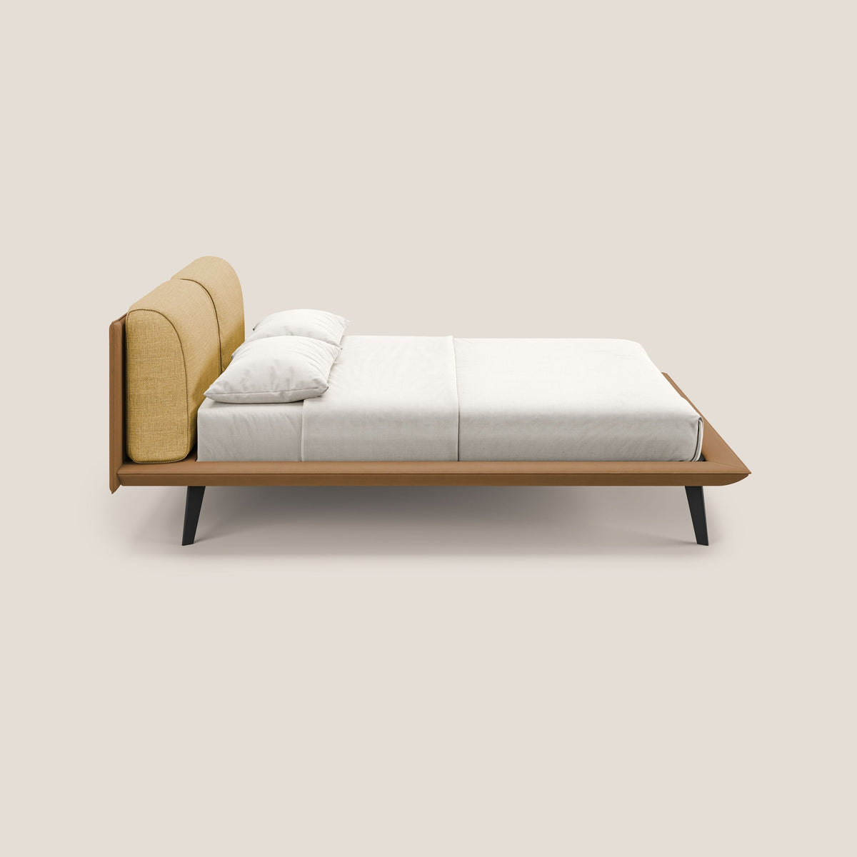 Petra letto di design bicolore con cuscini in piuma, piedini in mogano e tessuto impermeabile bicolore T11 e T06 cuoio - giallo - divitt.sbs