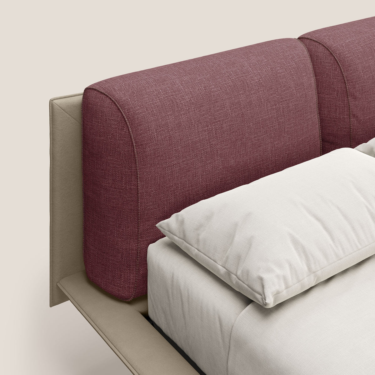 Petra letto di design bicolore con cuscini in piuma, piedini in mogano e tessuto impermeabile bicolore T11 e T06 tortora - rosso - divitt.sbs