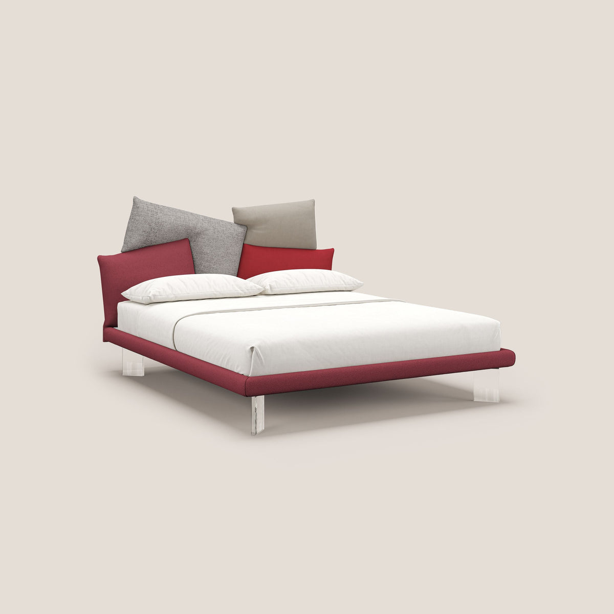 Rebus letto imbottito dal design moderno con piedi trasparenti in plexiglass rosso - divitt.sbs