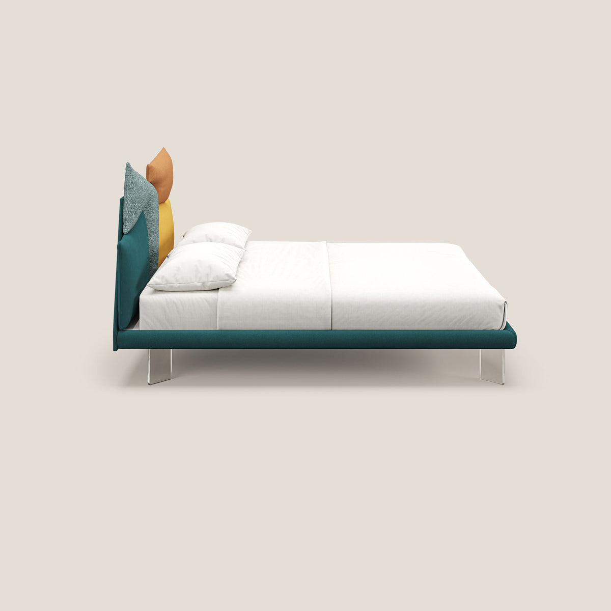 Rebus letto imbottito dal design moderno con piedi trasparenti in plexiglass petrolio - divitt.sbs