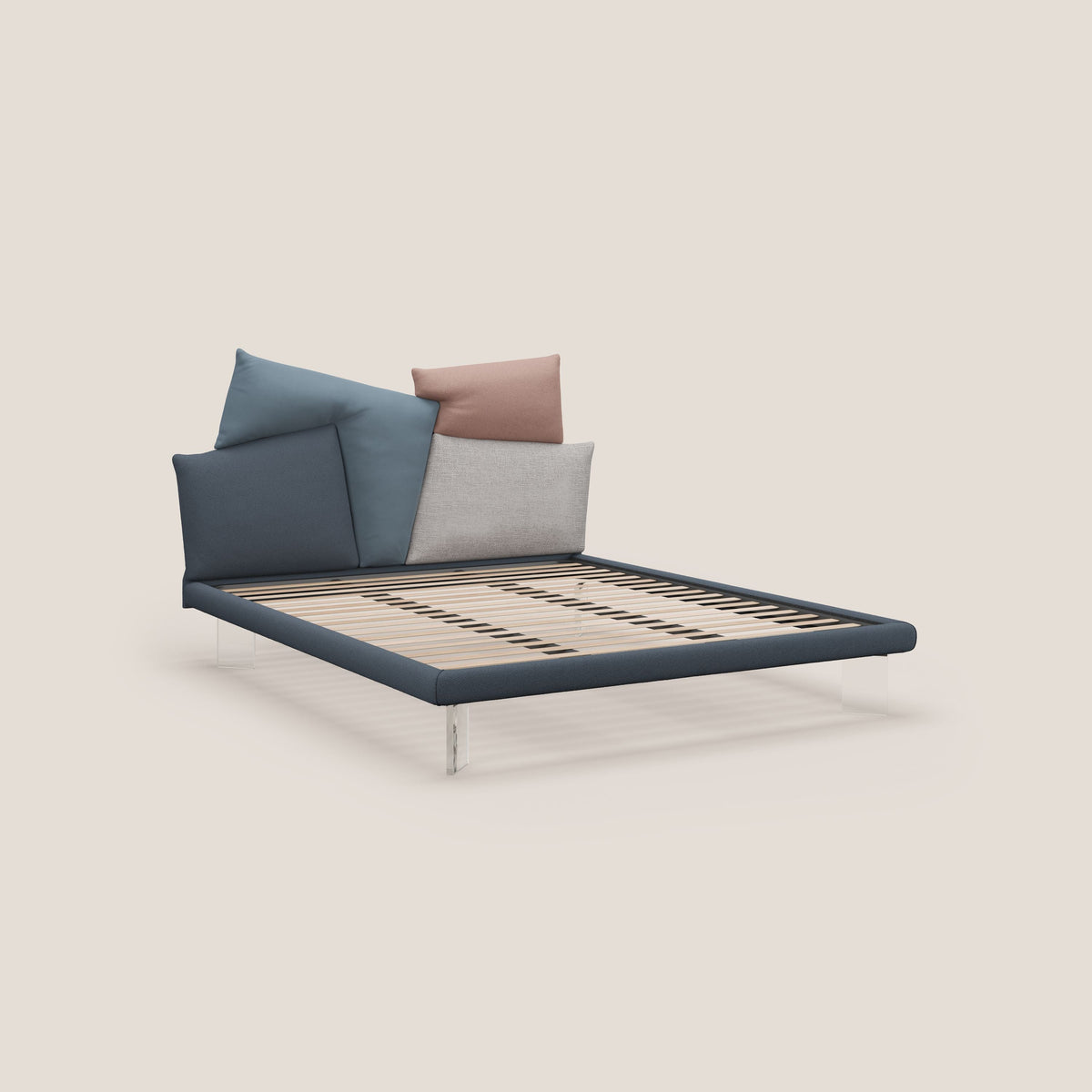 Rebus letto imbottito dal design moderno con piedi trasparenti in plexiglass blu - divitt.sbs