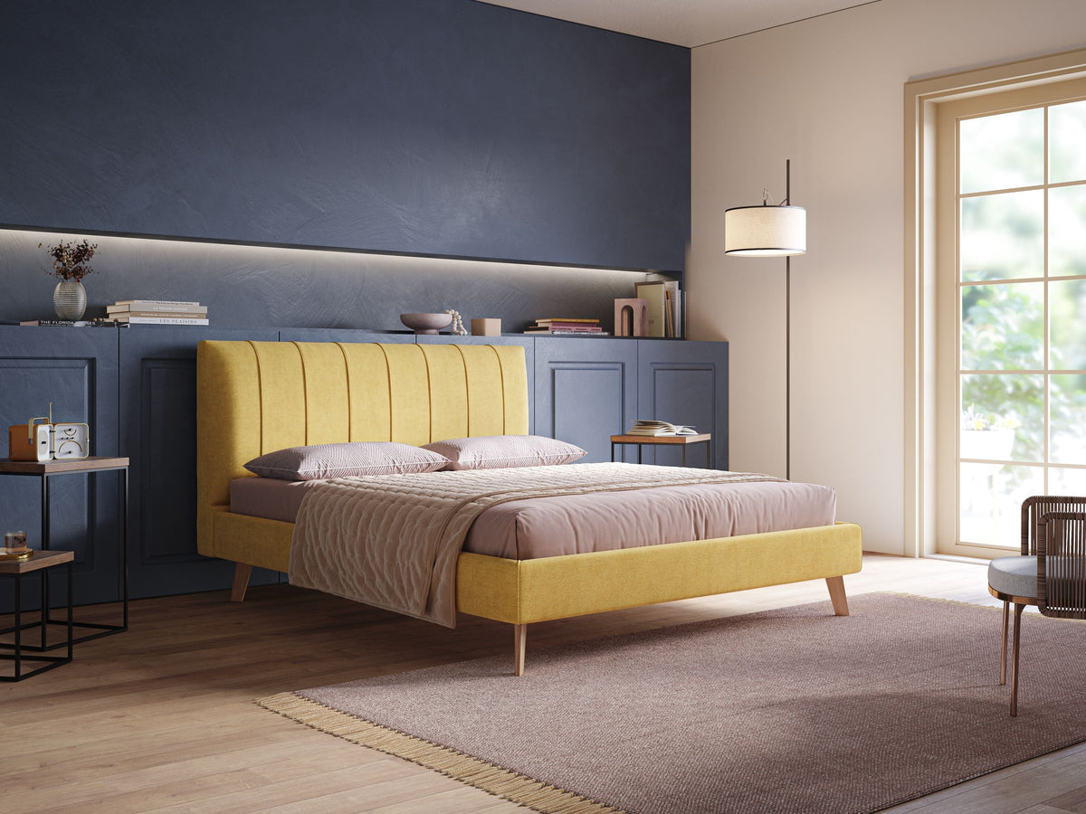 Selene letto imbottito con piedini naturali sfoderabile in tessuto impermeabile T02 giallo - divitt.sbs