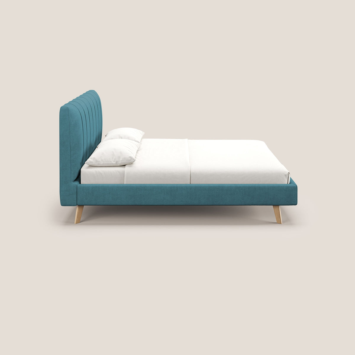 Selene letto imbottito con piedini naturali sfoderabile in tessuto impermeabile T02 azzurro - divitt.sbs